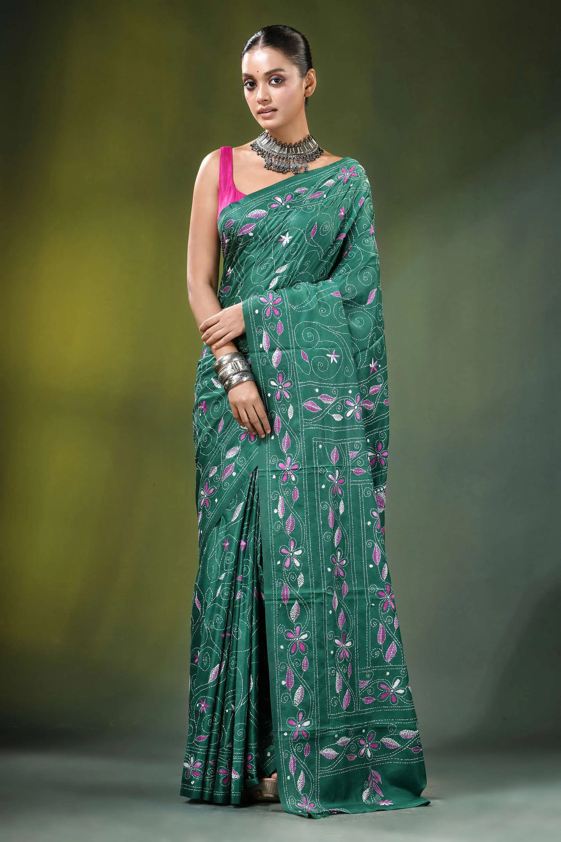 Jungle green swan motif handcrafted silk kantha saree emerald intricate pink 1