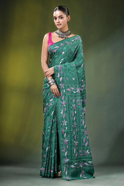 Jungle green swan motif handcrafted silk kantha saree emerald intricate pink 1
