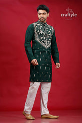 Jungle green tulip design kantha hand embroidery gents kurta dark embroidered intricate 4
