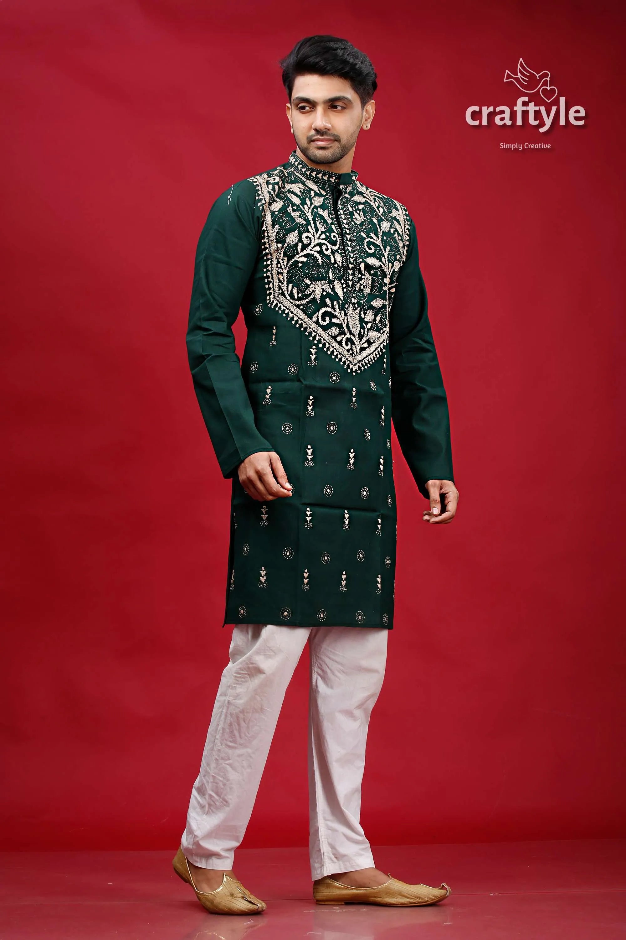 Jungle green tulip design kantha hand embroidery gents kurta dark embroidered intricate 4
