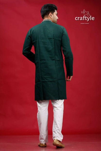 Jungle green tulip design kantha hand embroidery gents kurta dark long-sleeved mandarin 5