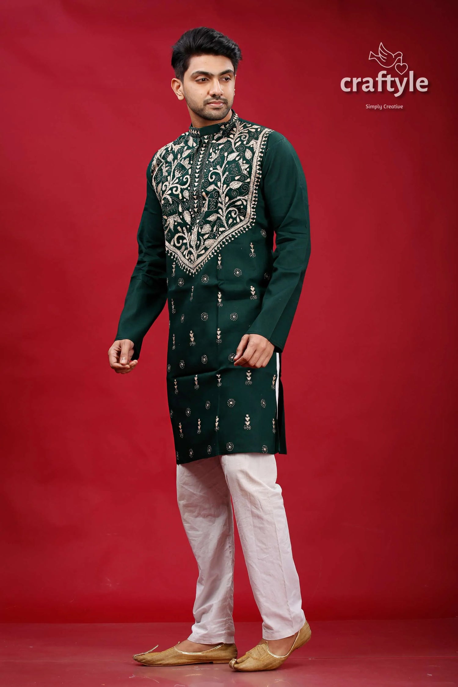 Jungle green tulip design kantha hand embroidery gents kurta dark embroidered intricate 3