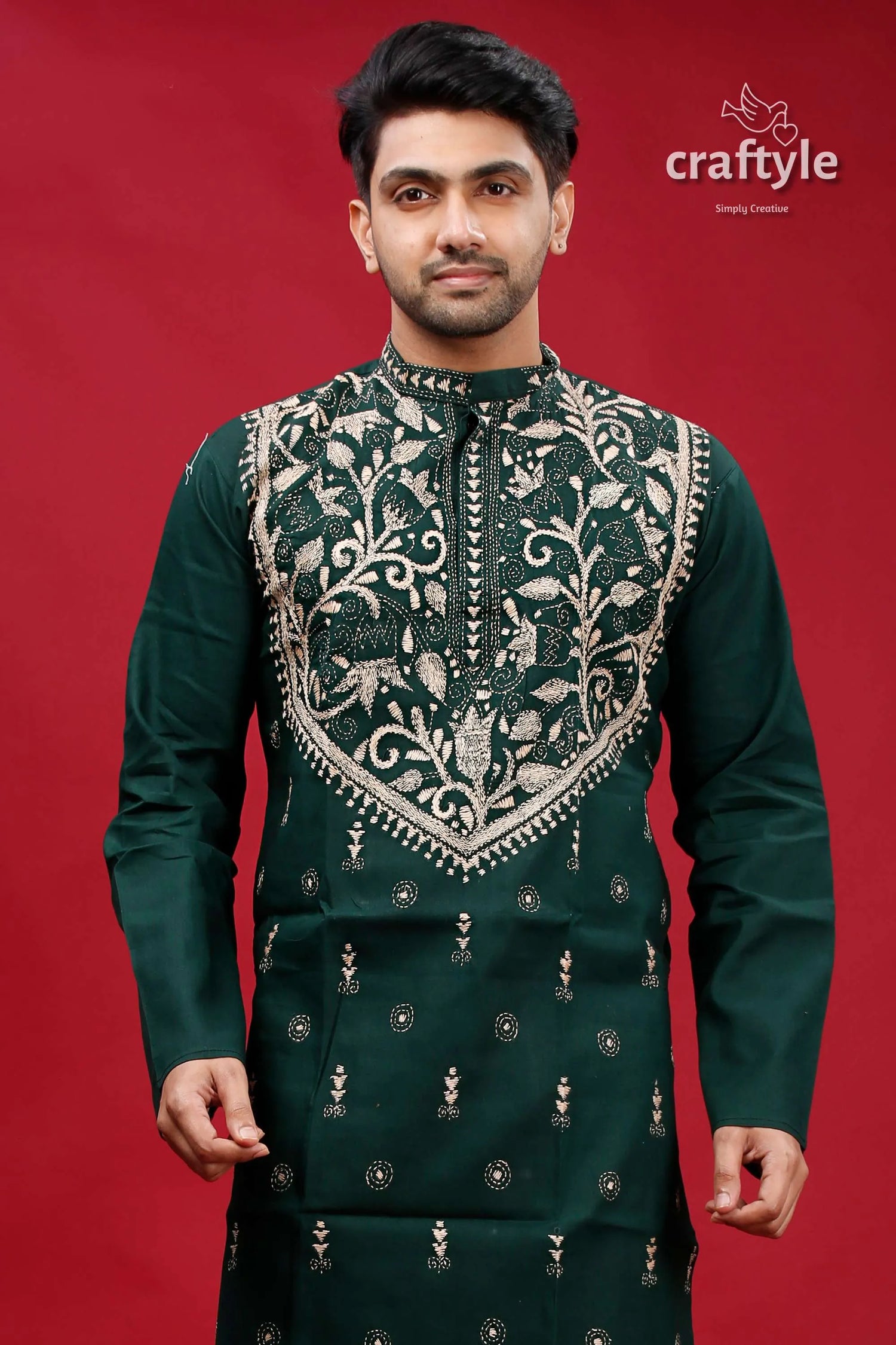 Jungle green tulip design kantha hand embroidery gents kurta dark intricate silver 2