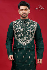 Jungle green tulip design kantha hand embroidery gents kurta dark intricate silver 2