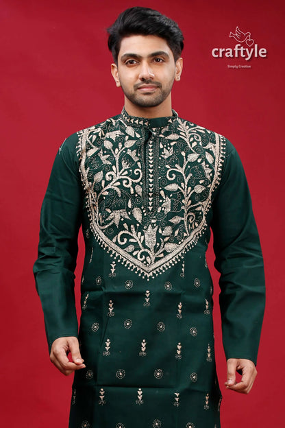 Jungle green tulip design kantha hand embroidery gents kurta dark intricate silver 2