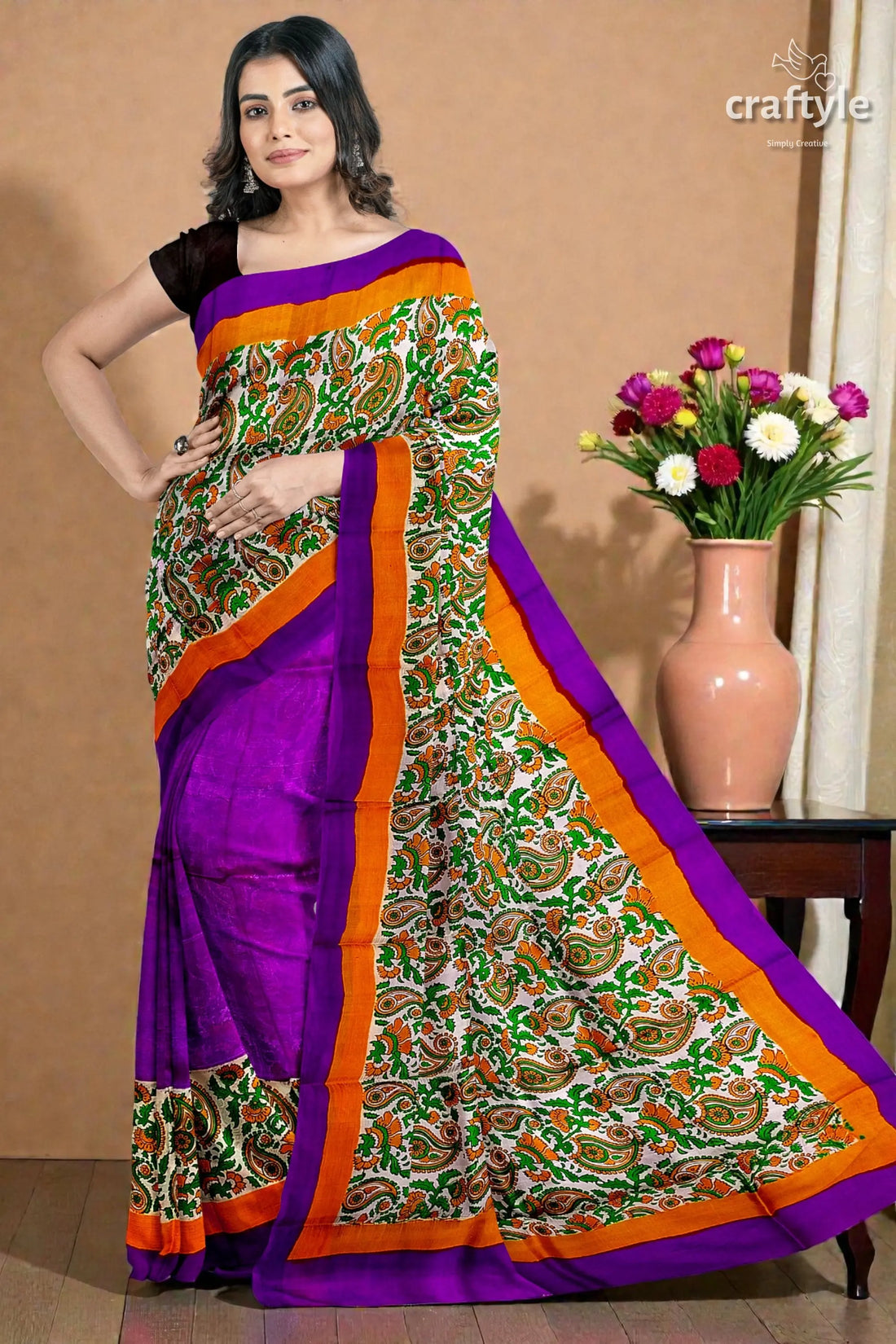 Kalka design lavender hand block print pure mulberry silk saree 1