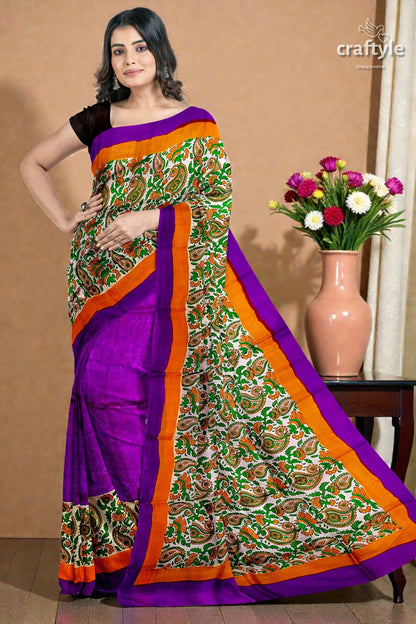 Kalka design lavender hand block print pure mulberry silk saree 1