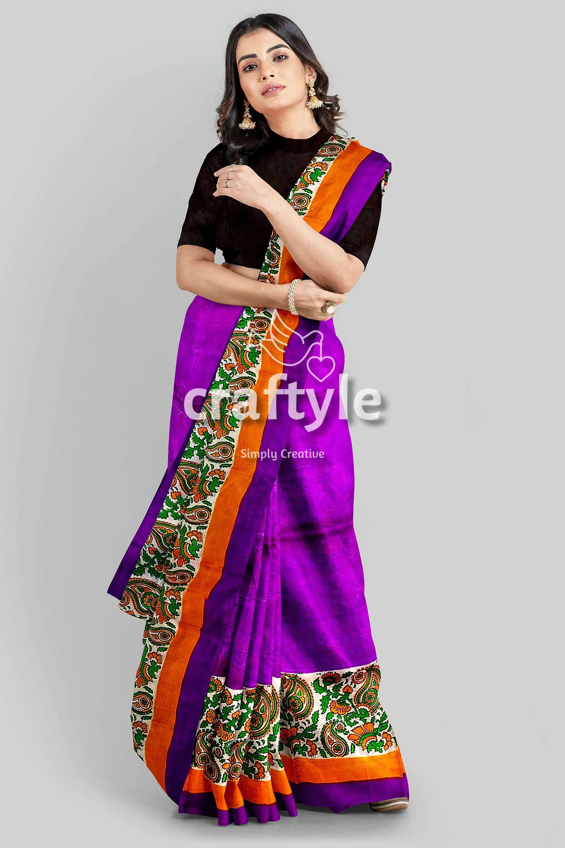 Kalka design lavender hand block print pure mulberry silk saree woman purple orange saree 2