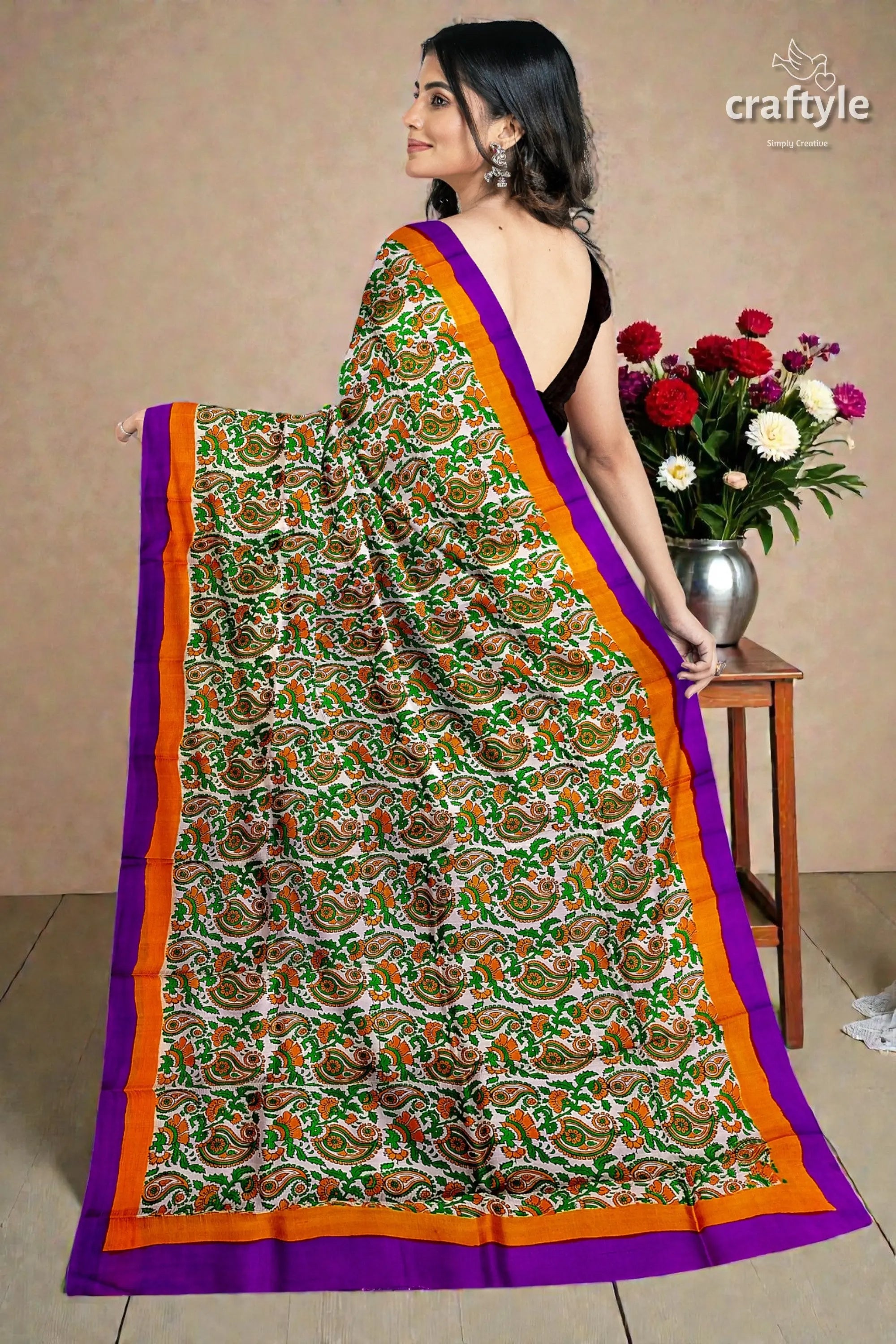 Kalka design lavender hand block print pure mulberry silk saree 5