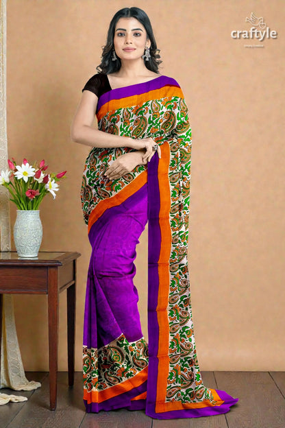 Kalka design lavender hand block print pure mulberry silk saree 6