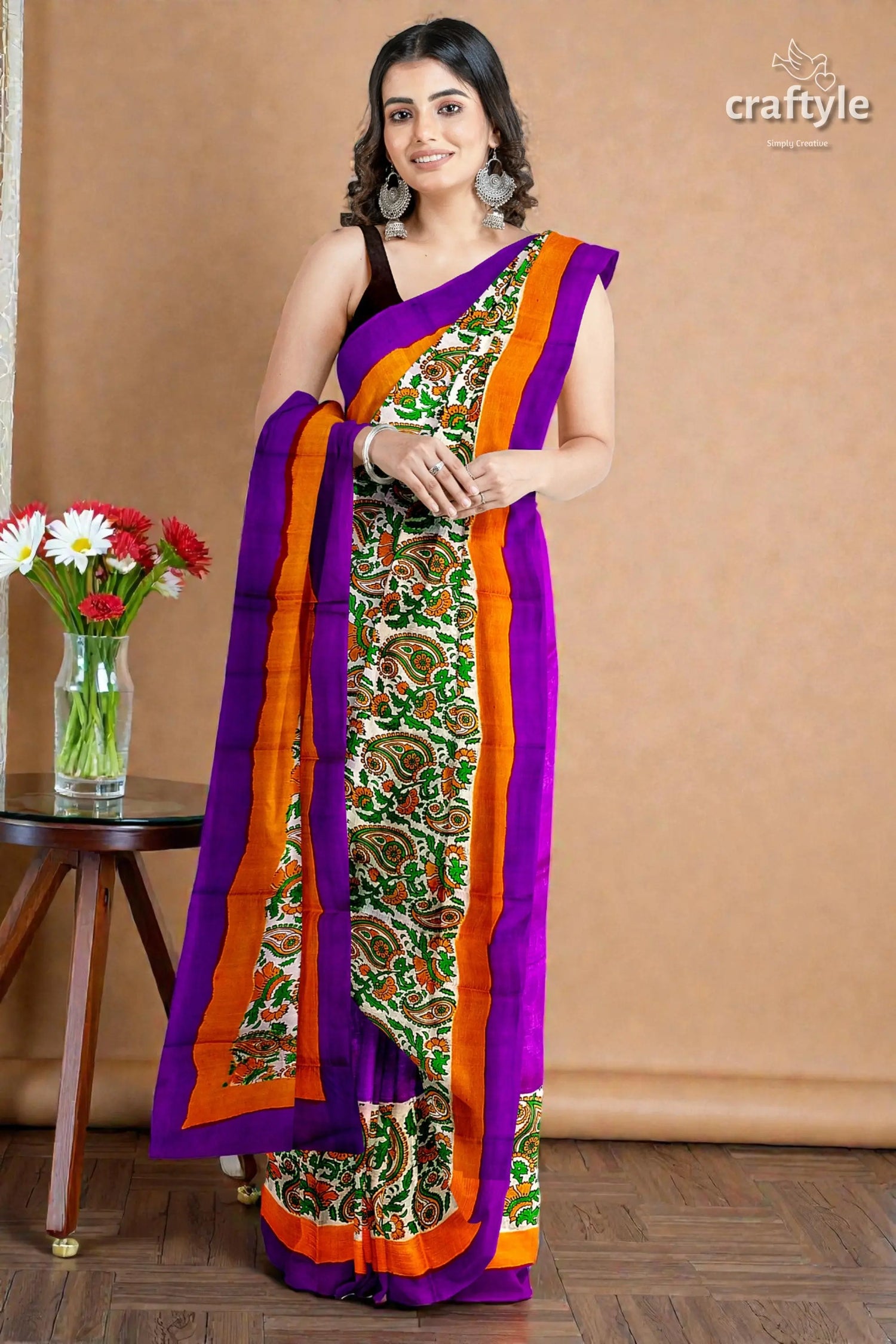 Kalka design lavender hand block print pure mulberry silk saree 3