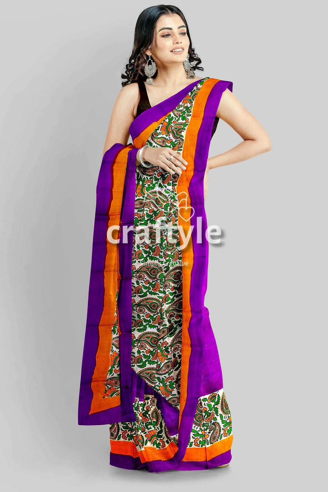 Kalka design lavender hand block print pure mulberry silk saree woman purple orange saree 1