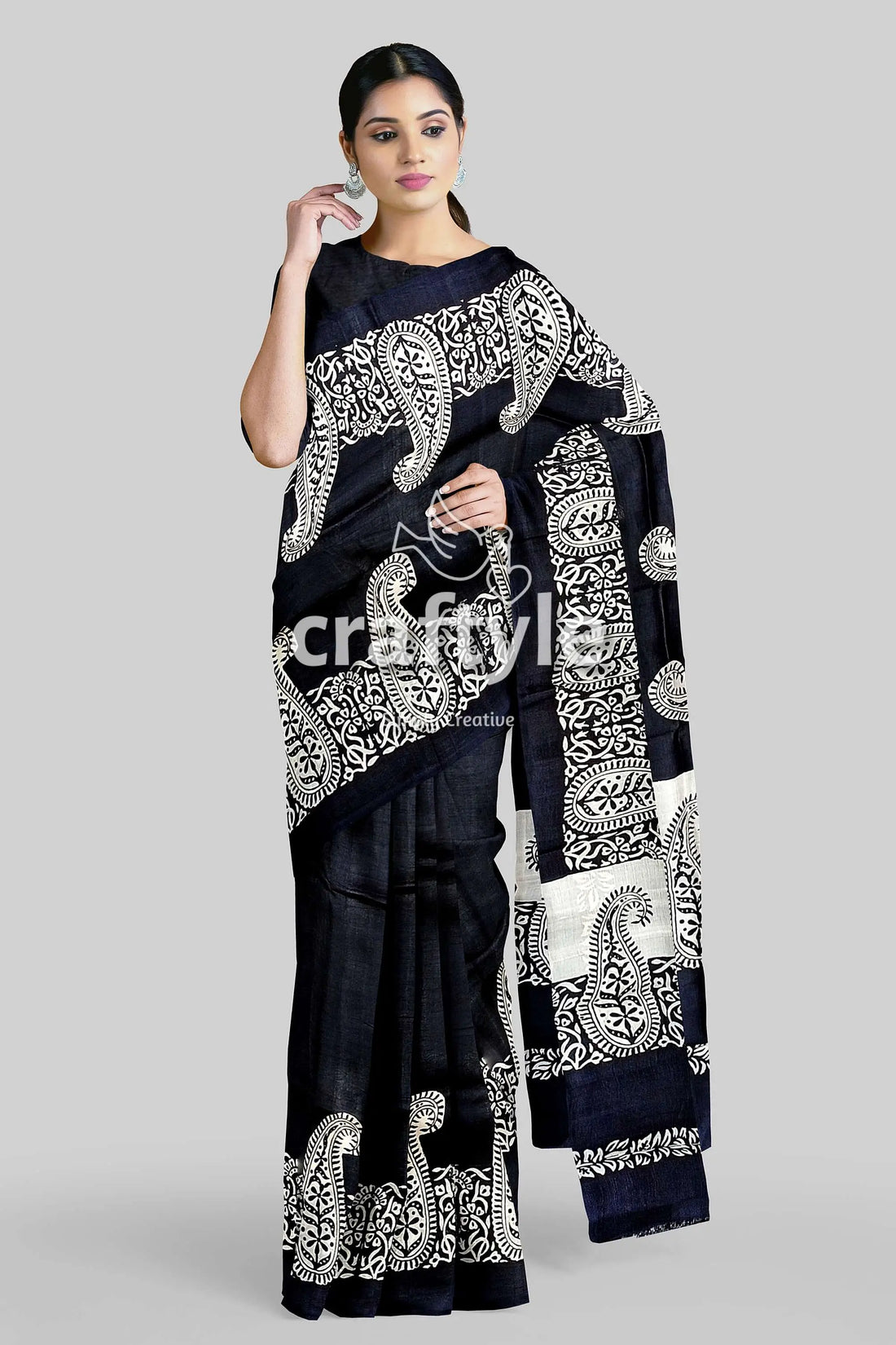 Kalka motif mulberry pure silk saree ink black and white hand block print black white paisley saree 1
