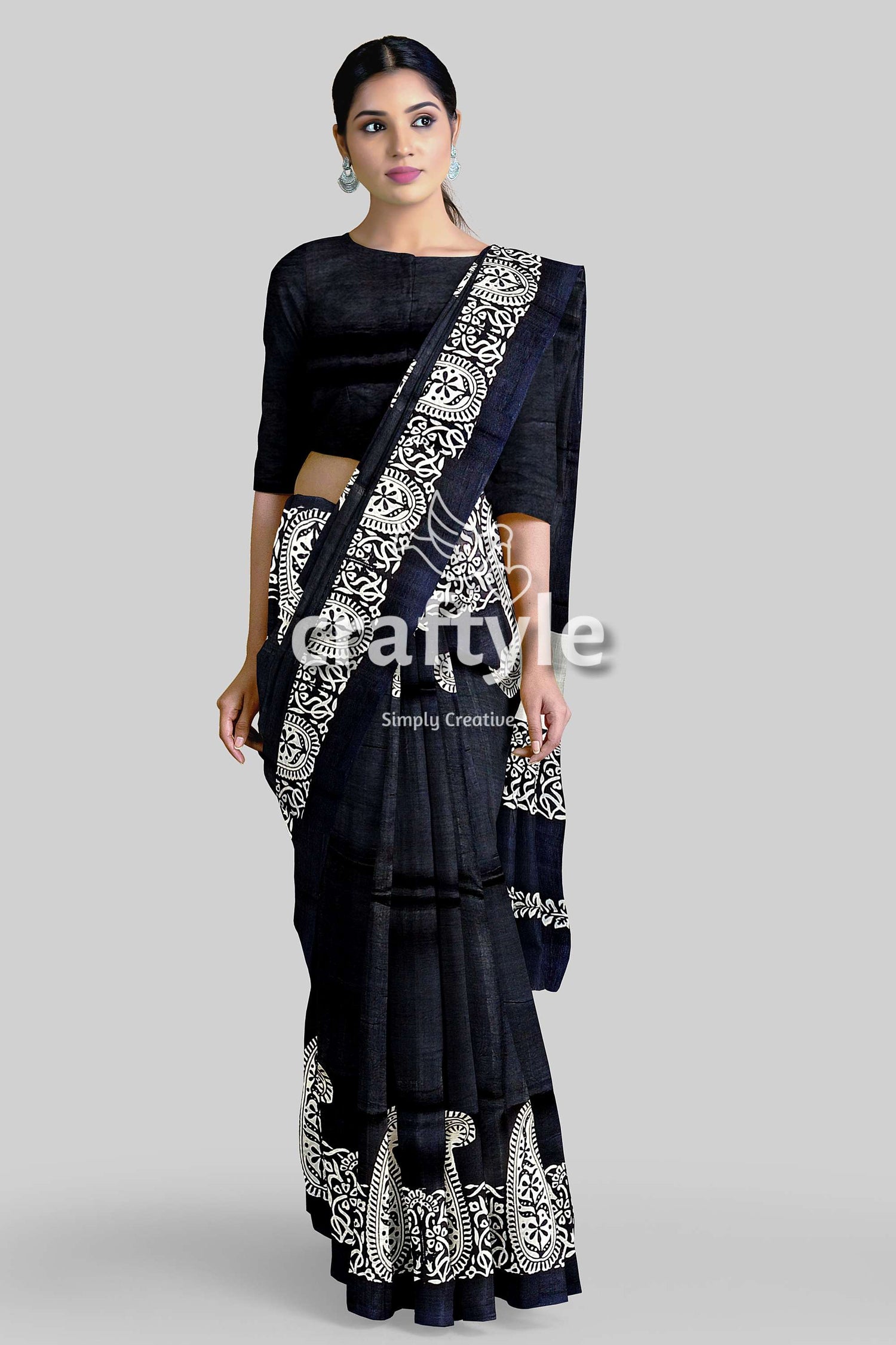 Kalka Motif Mulberry Pure Silk Saree Ink Black and White Hand Block Print - Craftyle