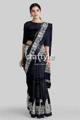Kalka Motif Mulberry Pure Silk Saree Ink Black and White Hand Block Print - Craftyle