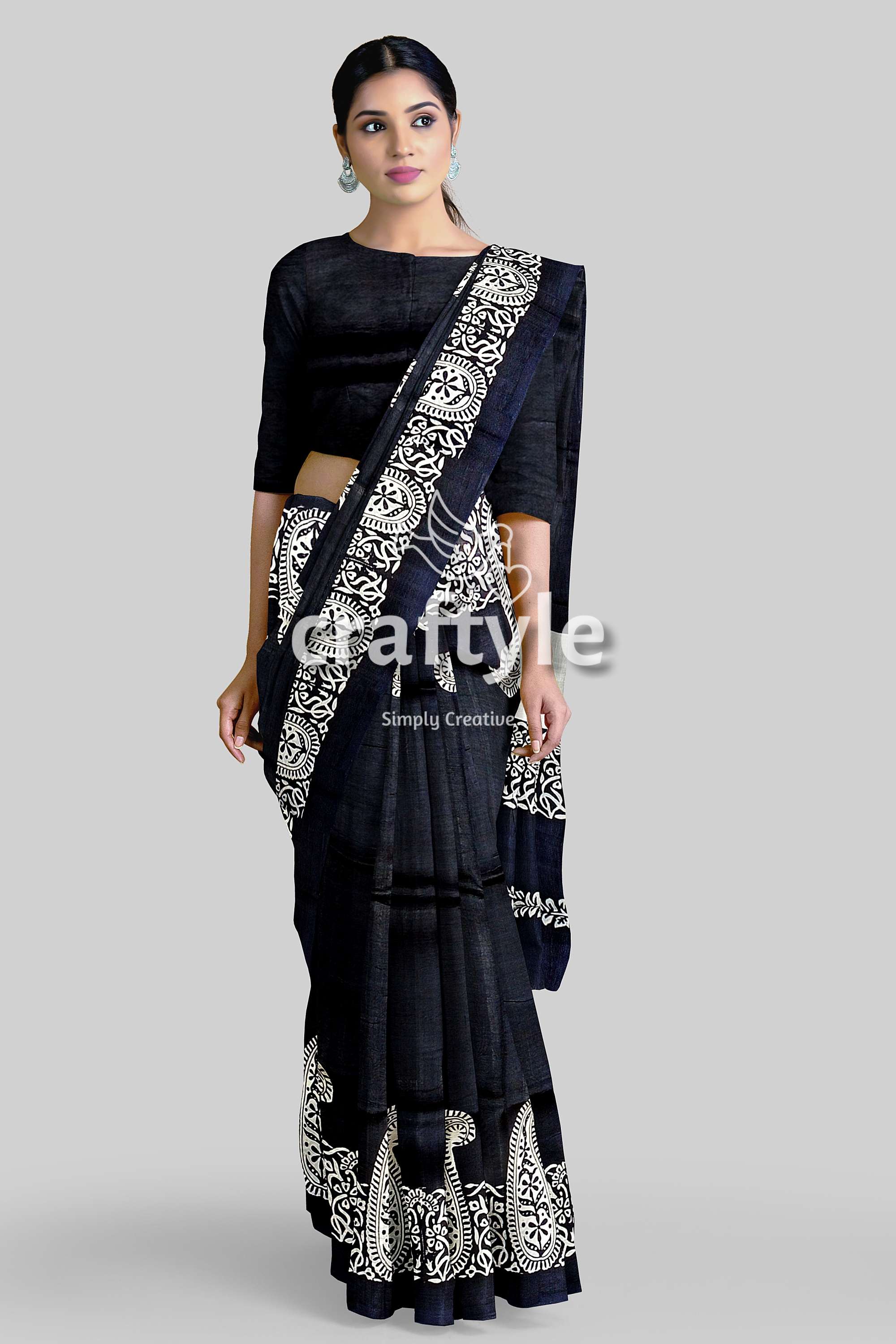 Kalka Motif Mulberry Pure Silk Saree Ink Black and White Hand Block Print - Craftyle