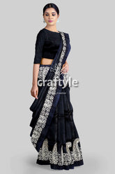 Kalka Motif Mulberry Pure Silk Saree Ink Black and White Hand Block Print - Craftyle