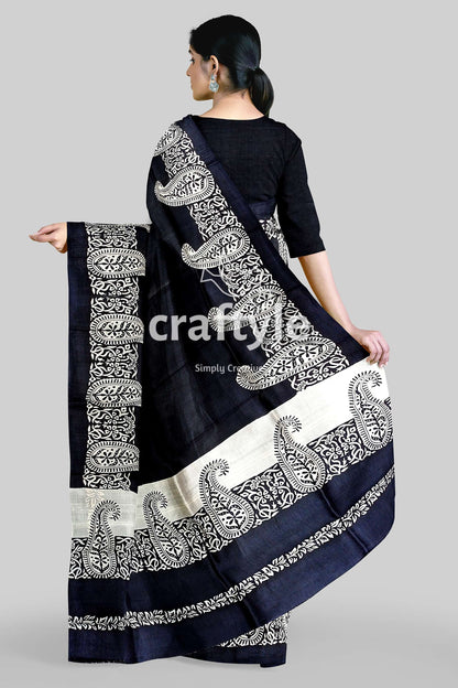 Kalka Motif Mulberry Pure Silk Saree Ink Black and White Hand Block Print - Craftyle