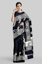 Kalka Motif Mulberry Pure Silk Saree Ink Black and White Hand Block Print - Craftyle