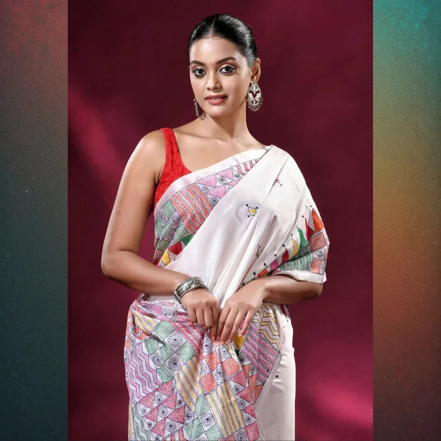 Hand embroidered kantha stitch saree kantha saree for women