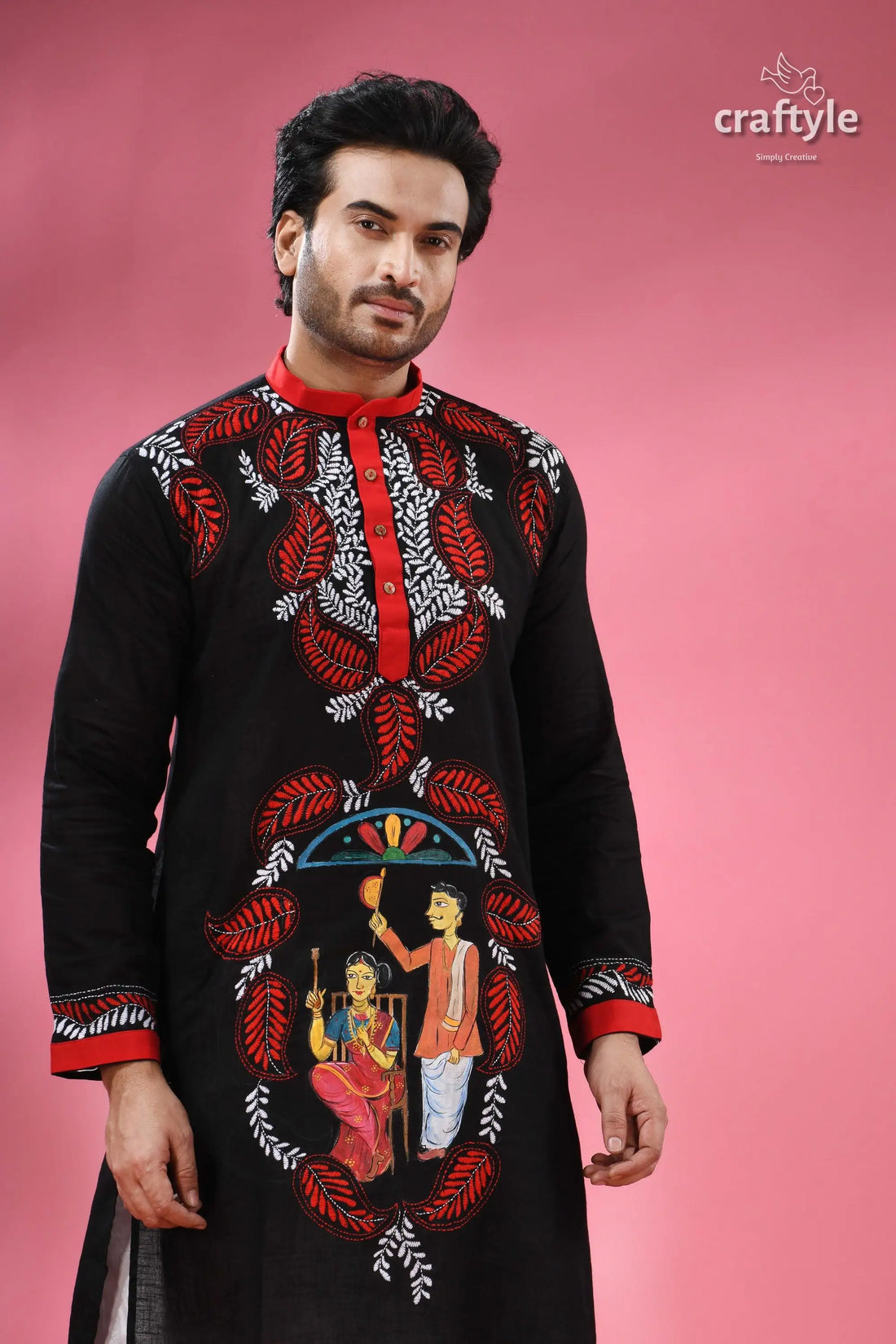 Kantha stitched cotton punjabi for men with kalighat hand painting men’s black kurta red white 2