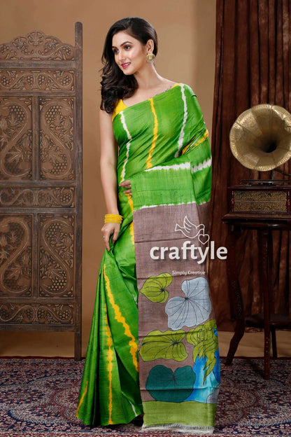 Kelly green shibori work pure tussar kalamkari sari green yellow tie-dye saree 5