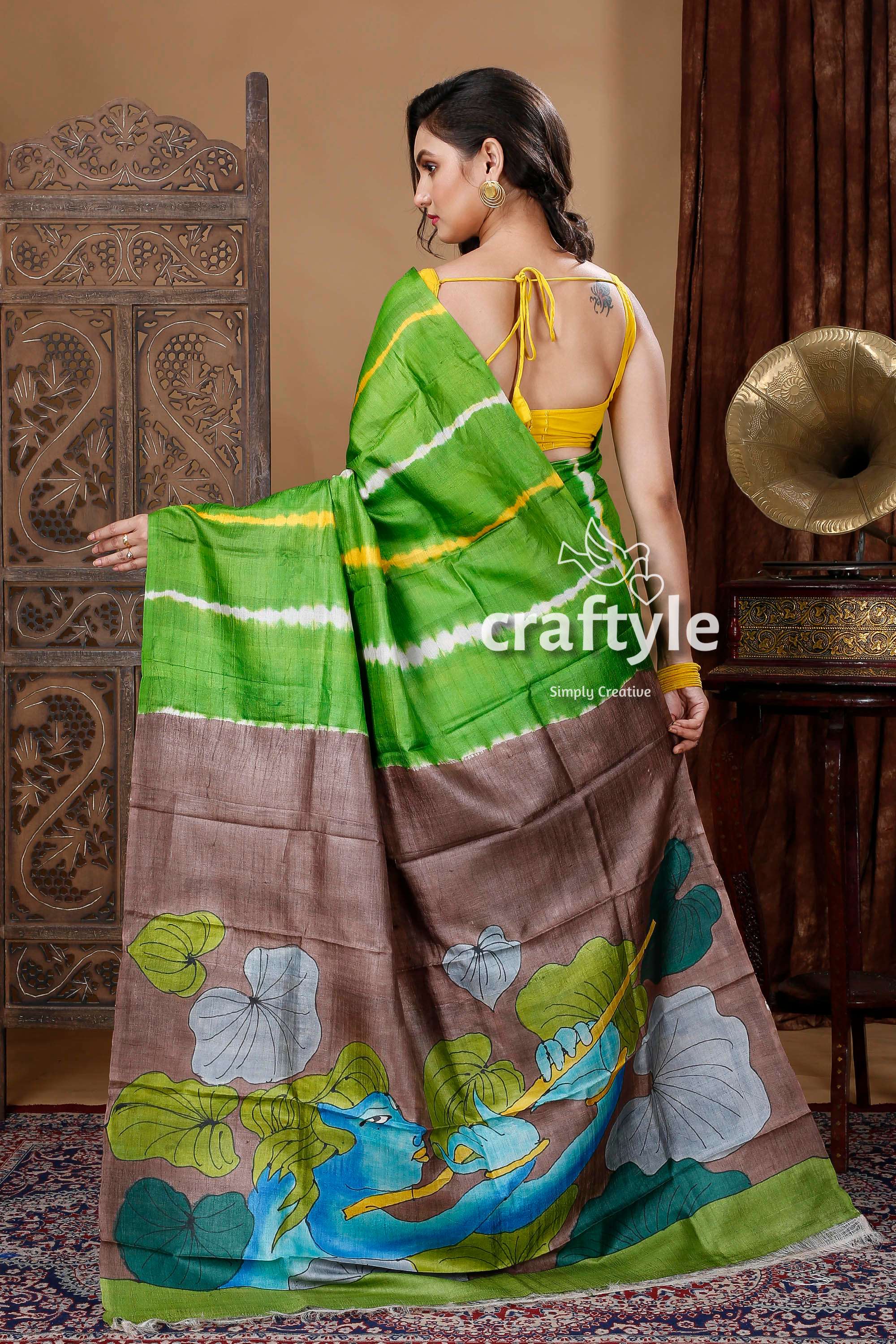 Kelly Green Shibori Work Pure Tussar Kalamkari Sari - Craftyle