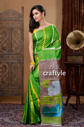 Kelly Green Shibori Work Pure Tussar Kalamkari Sari - Craftyle