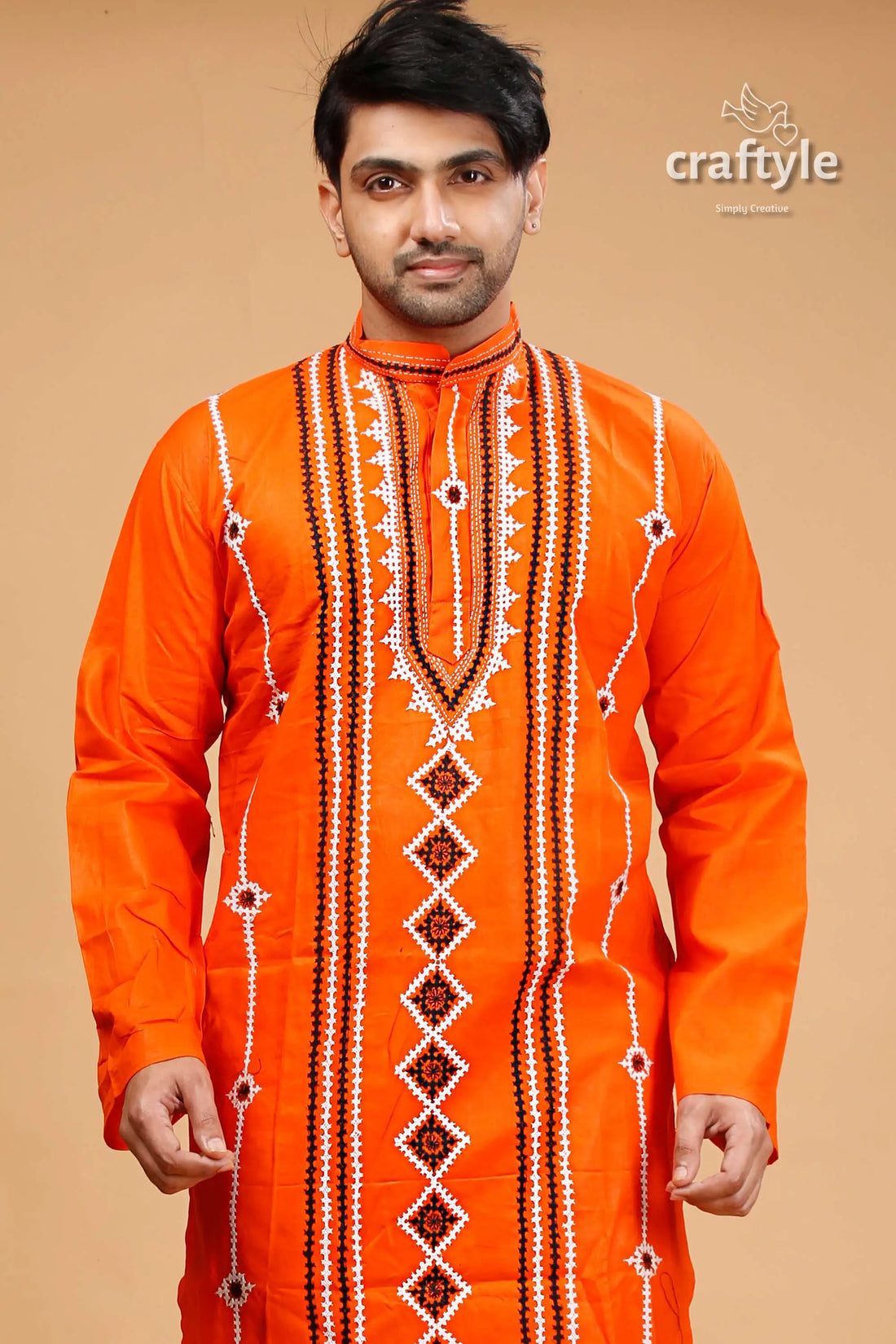 Kutch design vivid orange kantha stitch cotton panjabi for men orange embroidered kurta 2