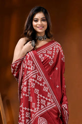 Kutch embroidered silk saree with handcrafted ethnic design in falu red 2