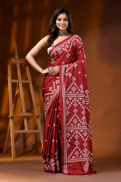 Kutch embroidered silk saree with handcrafted ethnic design in falu red 1