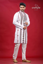 Kutch Hand Work White Kantha Cotton Kurta for Men - Craftyle