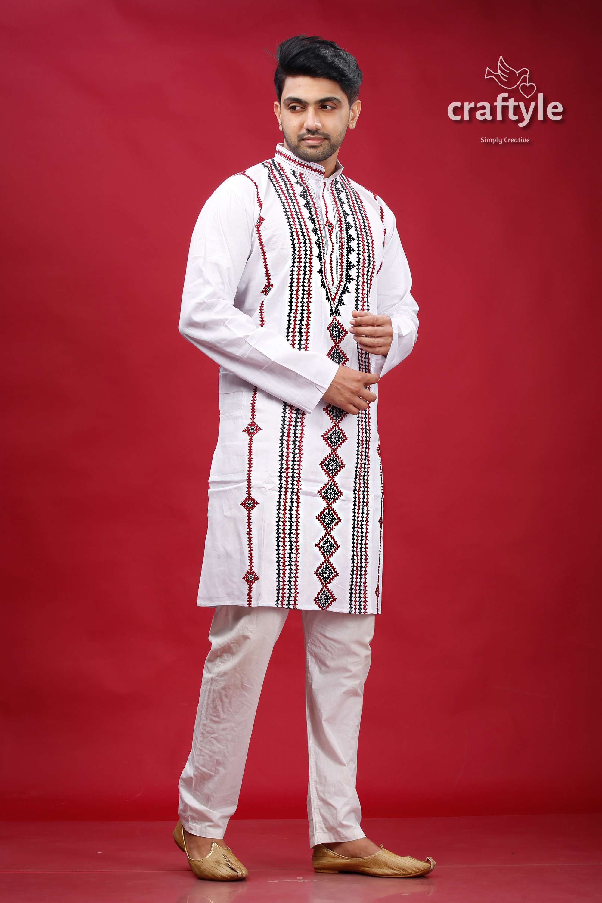 Kutch Hand Work White Kantha Cotton Kurta for Men - Craftyle