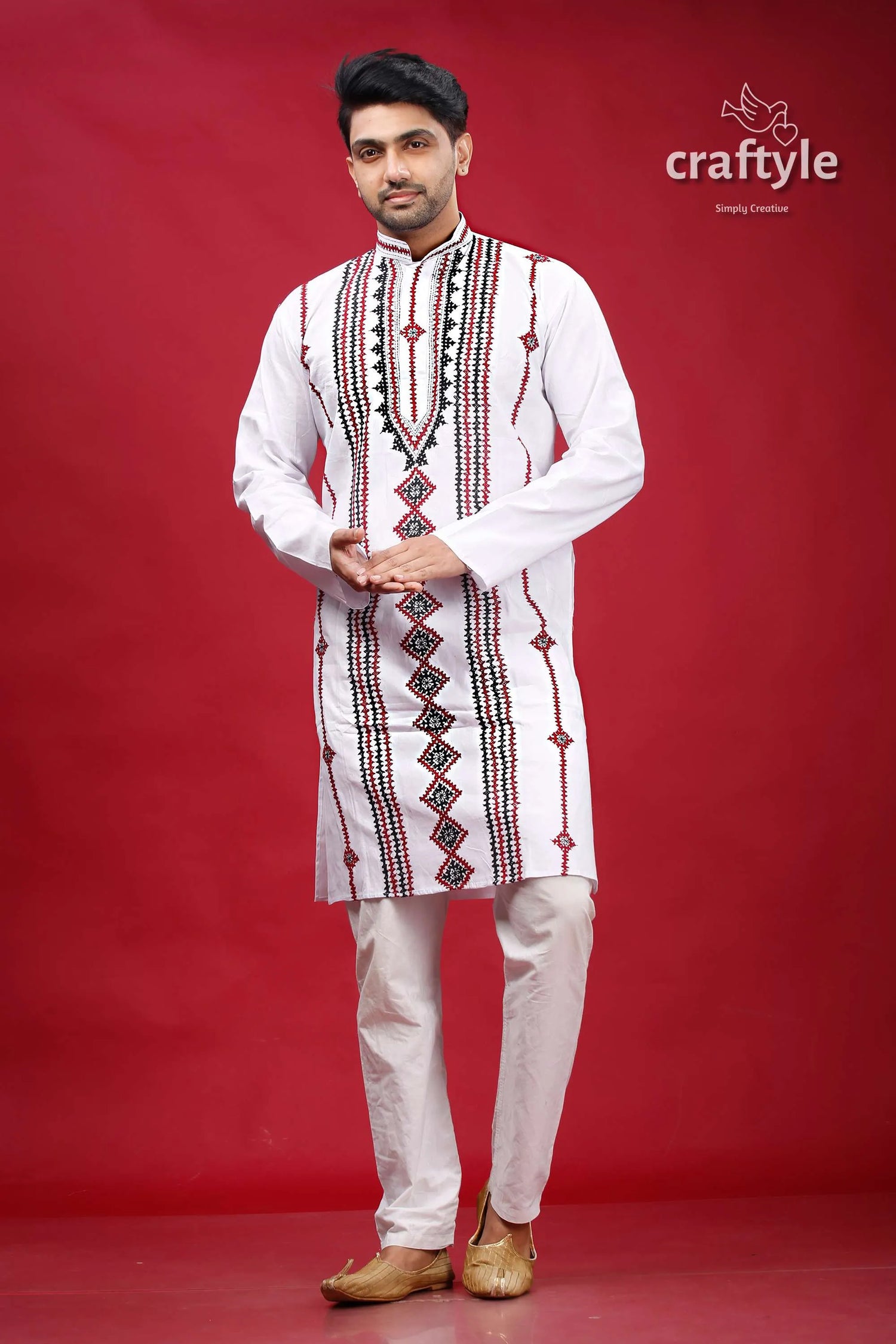 Kutch hand work white kantha cotton kurta for men embroidered pajama set 1
