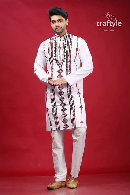 Kutch hand work white kantha cotton kurta for men embroidered pajama set 1