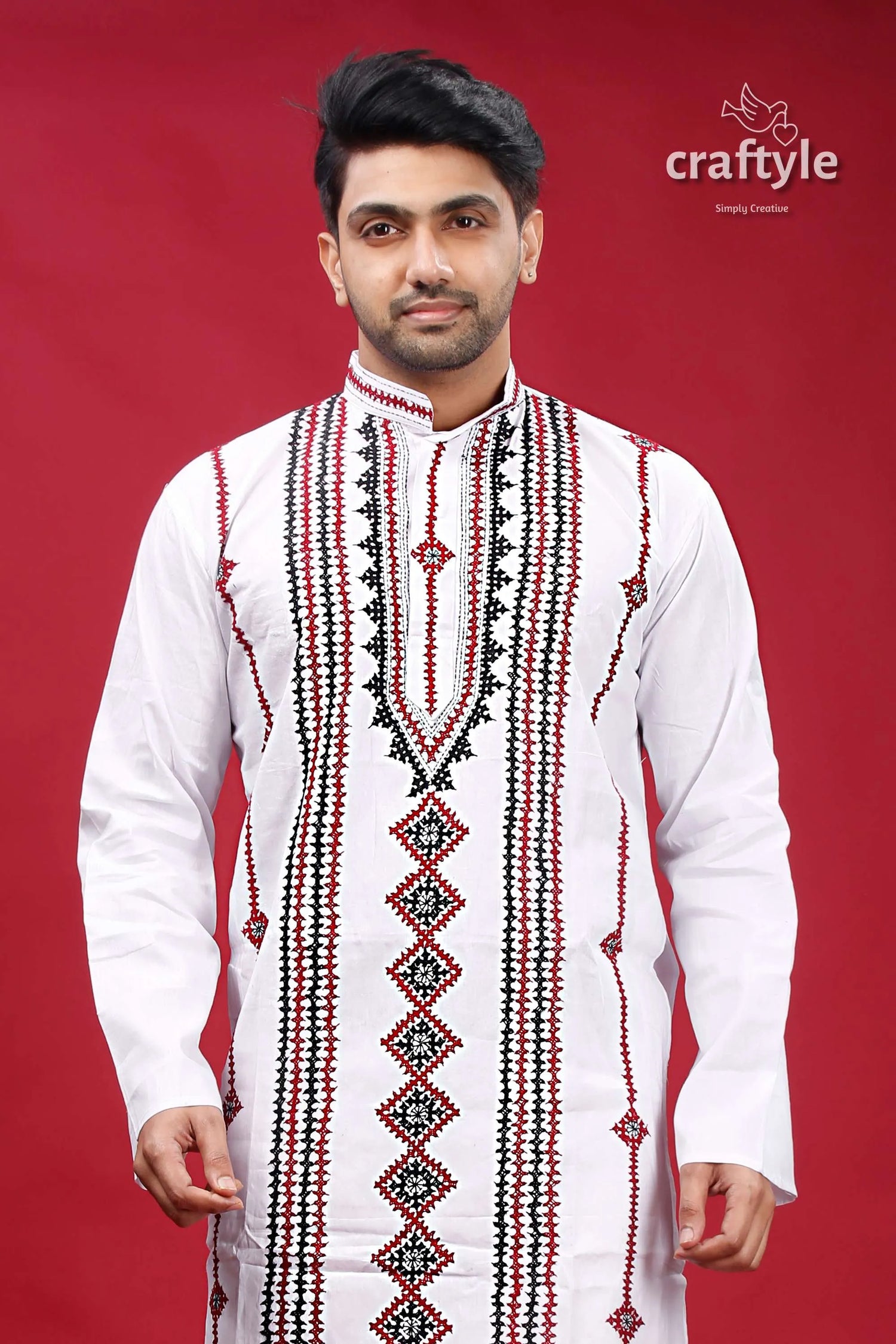 Kutch hand work white kantha cotton kurta for men embroidered 2