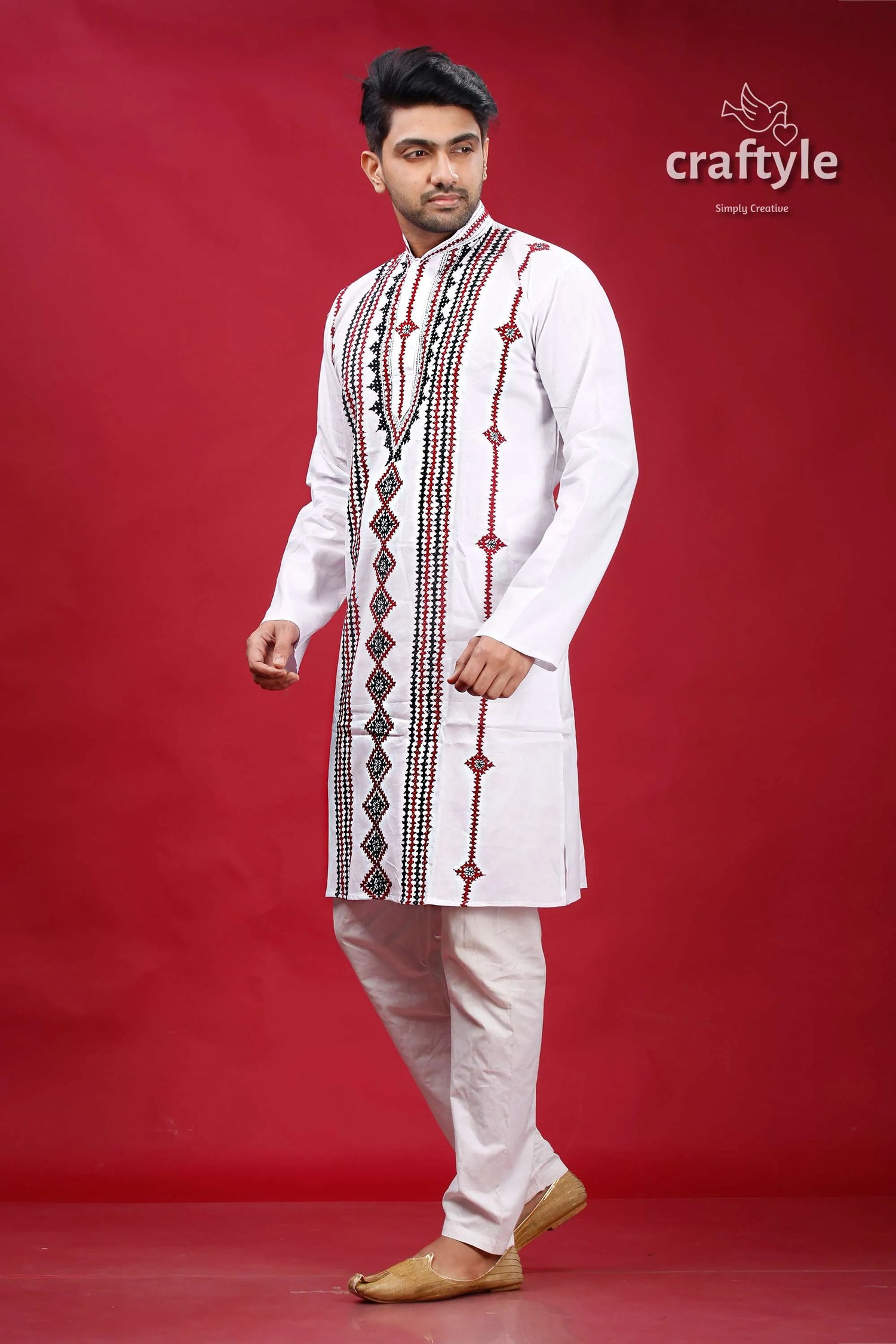 Kutch hand work white kantha cotton kurta for men embroidered pajama set 3