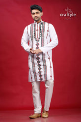 Kutch Hand Work White Kantha Cotton Kurta for Men - Craftyle