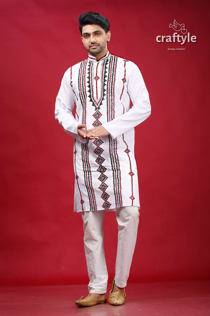 Kutch Hand Work White Kantha Cotton Kurta for Men - Craftyle
