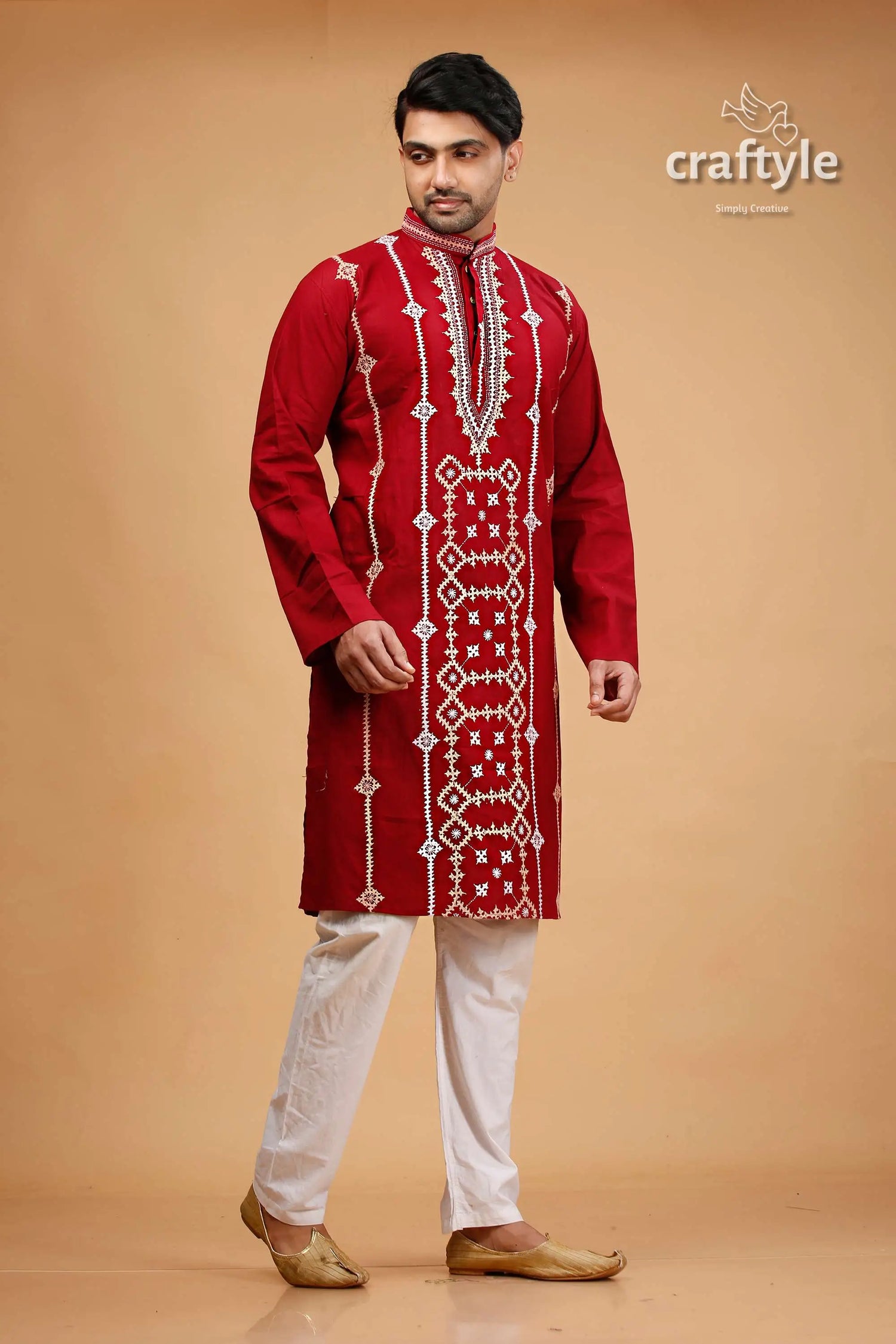 Kutch work burgundy red designer cotton panjabi for men maroon embroidered kurta pajama set 4