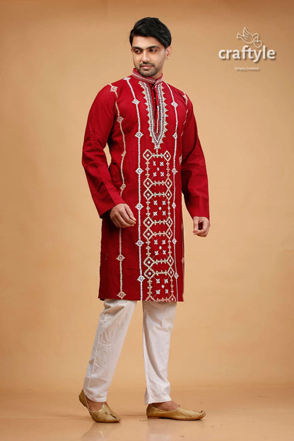 Kutch work burgundy red designer cotton panjabi for men maroon embroidered kurta pajama set 4