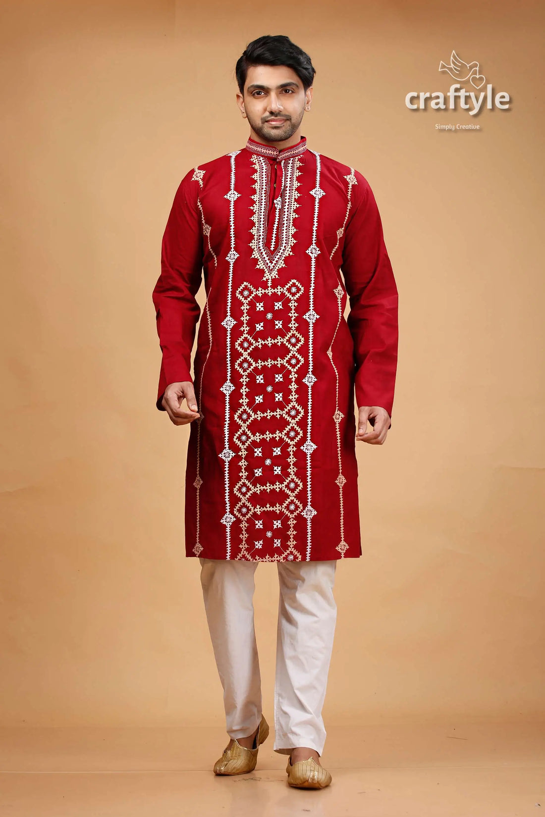 Kutch work burgundy red designer cotton panjabi for men maroon embroidered kurta pajama set 1