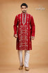 Kutch work burgundy red designer cotton panjabi for men maroon embroidered kurta pajama set 1