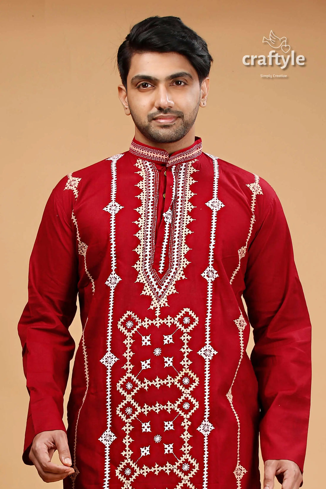 Kutch work burgundy red designer cotton panjabi for men maroon embroidered kurta 2