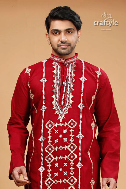 Kutch work burgundy red designer cotton panjabi for men maroon embroidered kurta 2