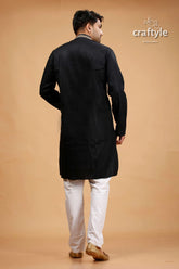 Kutch work rich black hand kantha stitched cotton mens kurta subtle embroidered 5