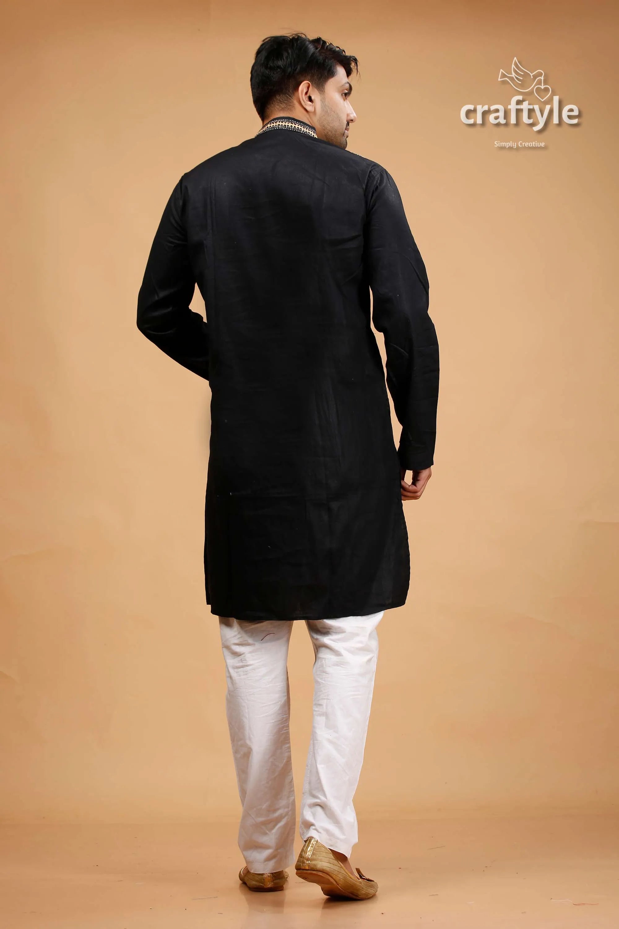 Kutch work rich black hand kantha stitched cotton mens kurta subtle embroidered 5