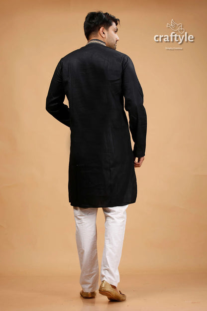 Kutch work rich black hand kantha stitched cotton mens kurta subtle embroidered 5