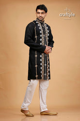 Kutch work rich black hand kantha stitched cotton mens kurta embroidered intricate white 4