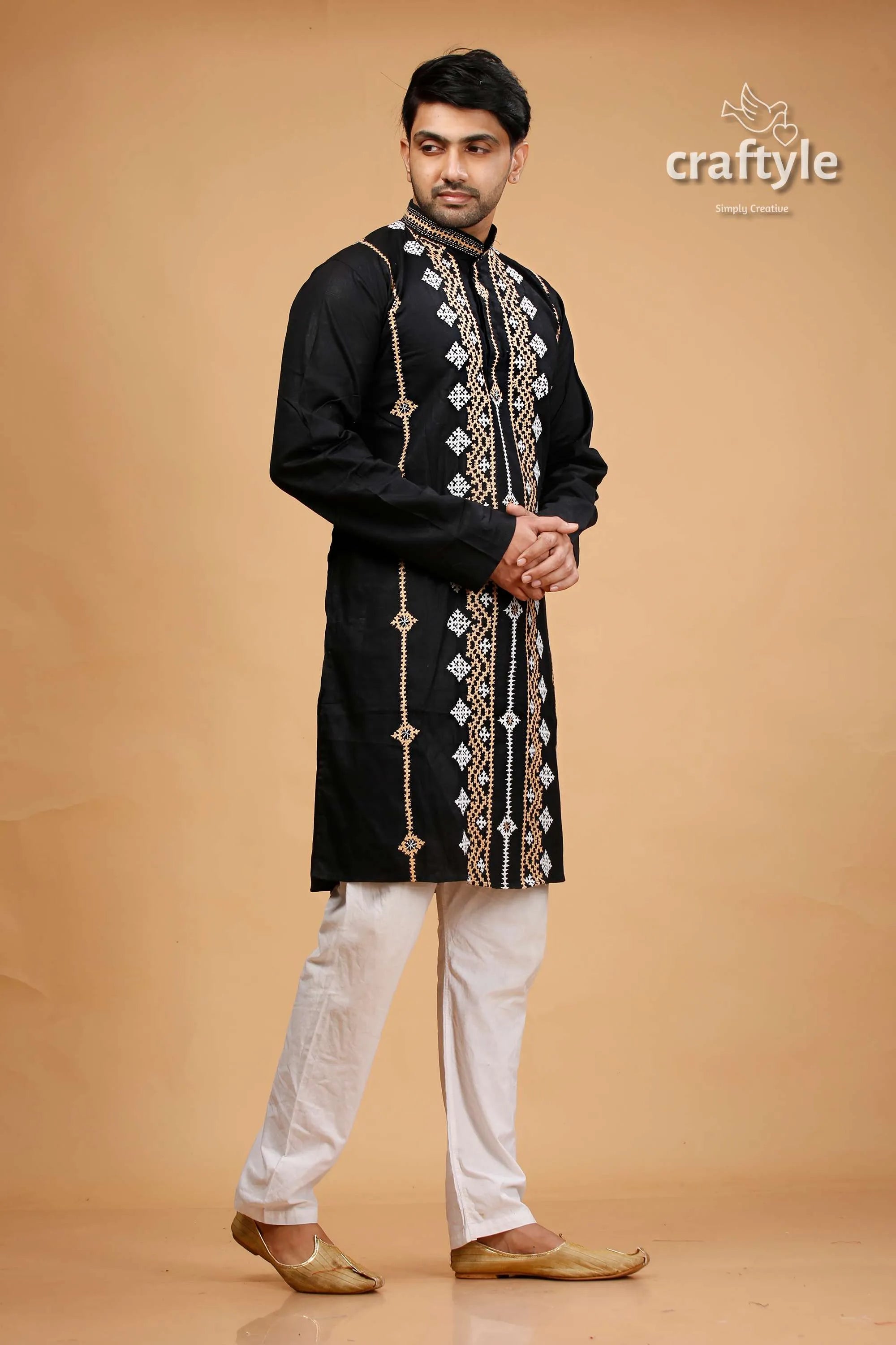Kutch work rich black hand kantha stitched cotton mens kurta embroidered intricate white 4